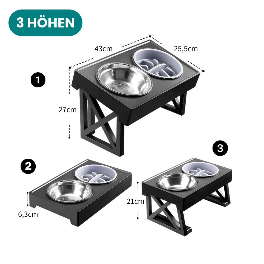 Höhenverstellbarer Napf mit Anti-Schling-Einsatz  - rückenschonend und langsamer Fressen