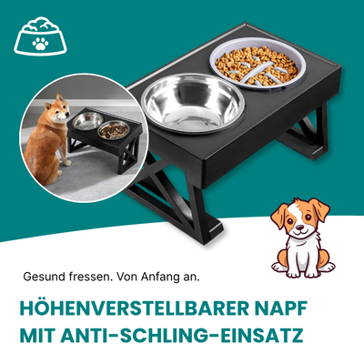 Höhenverstellbarer Napf mit Anti-Schling-Einsatz  - rückenschonend und langsamer Fressen