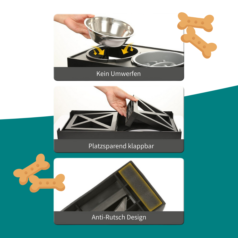 Höhenverstellbarer Napf mit Anti-Schling-Einsatz  - rückenschonend und langsamer Fressen