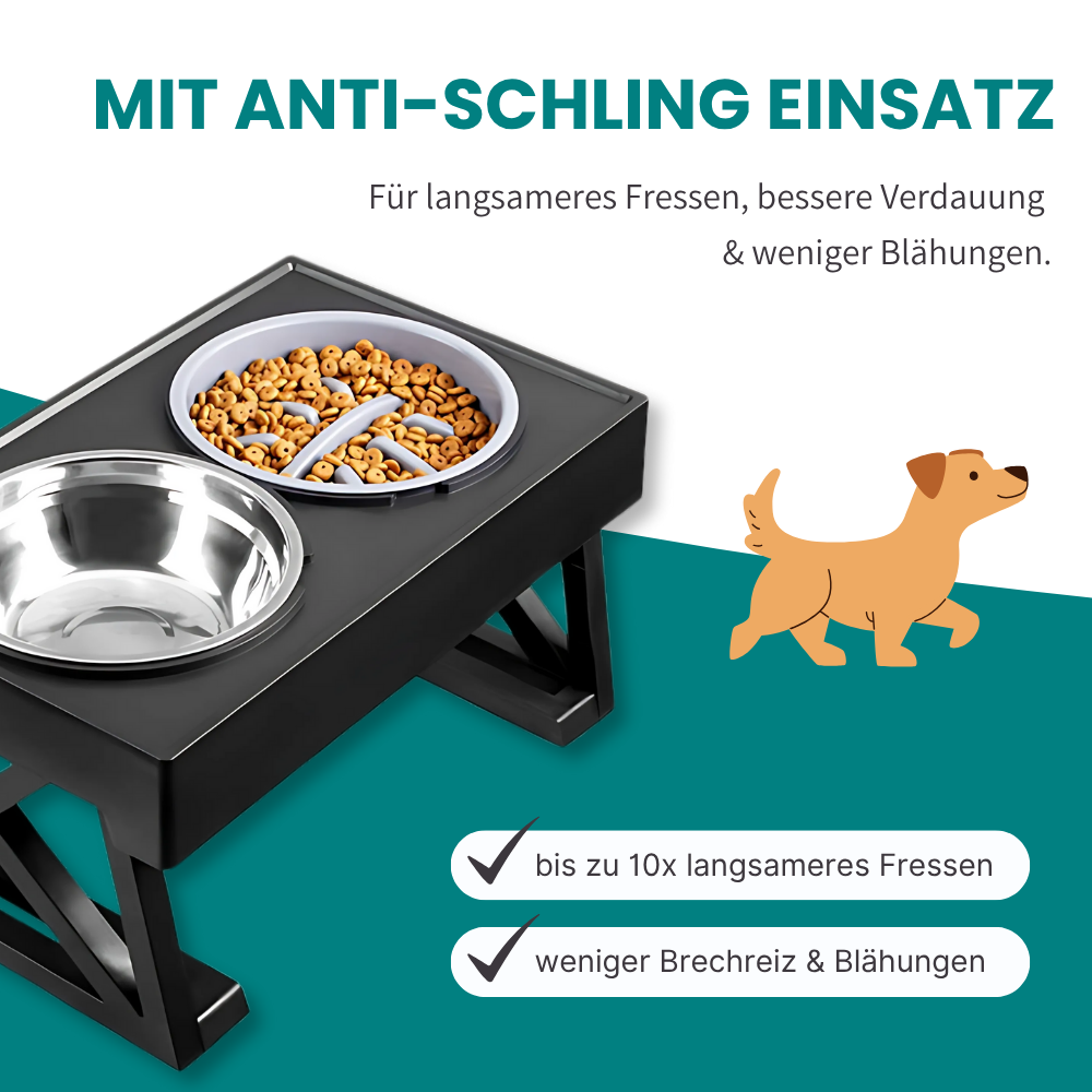 Höhenverstellbarer Napf mit Anti-Schling-Einsatz  - rückenschonend und langsamer Fressen