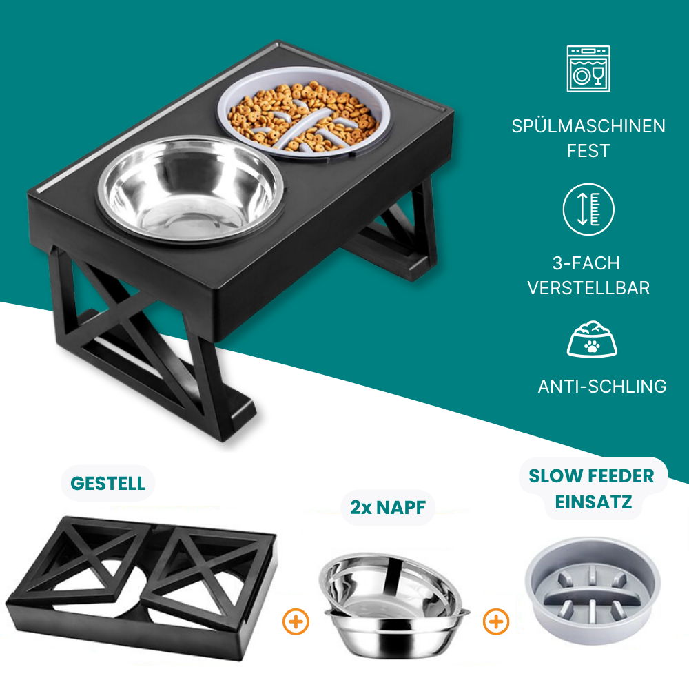 Höhenverstellbarer Napf mit Anti-Schling-Einsatz  - rückenschonend und langsamer Fressen